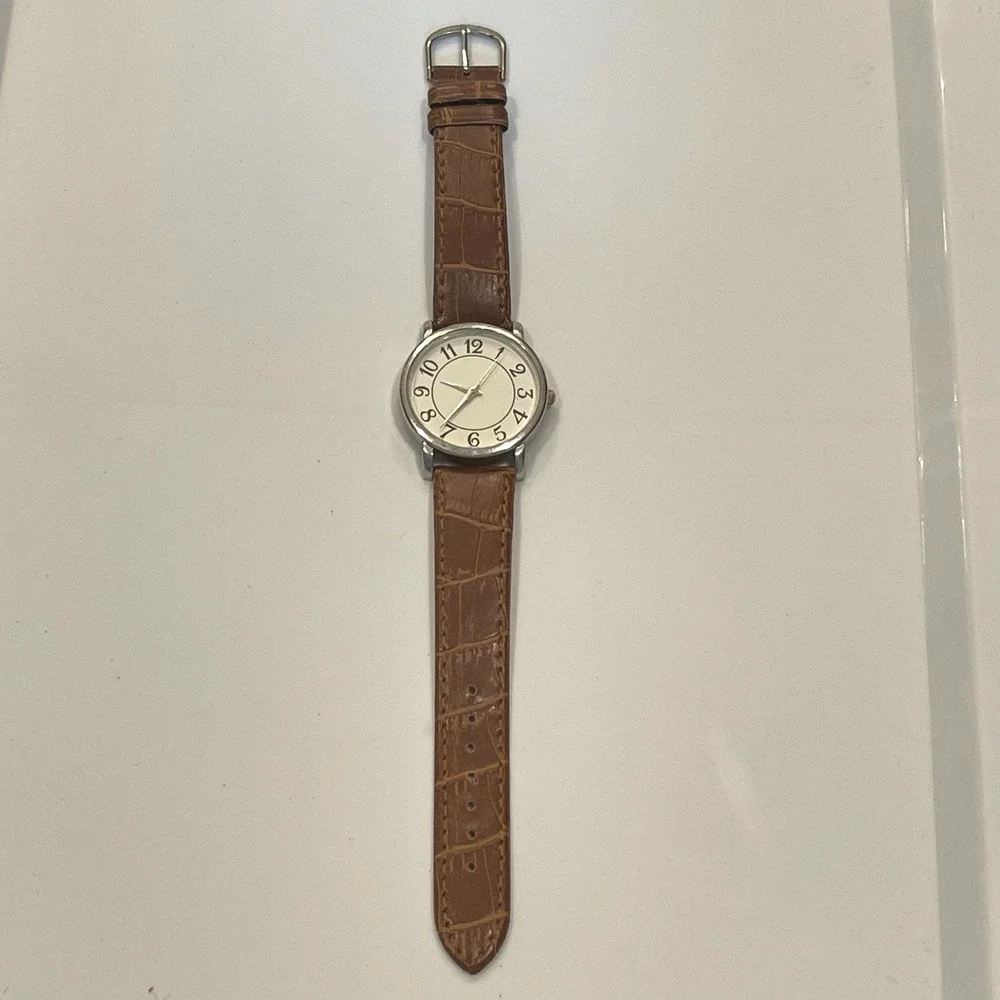 Galvin Hill Quartz Watch Silver Case White Dial Brown Croc Embossed Band Classic
